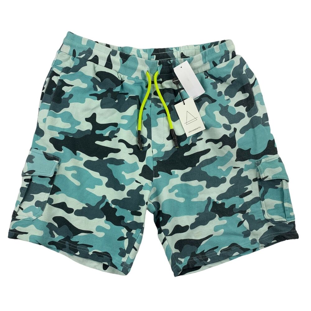 Eleven Paris Mens Camo Fleece Cargo Regular Fit Sweat Shorts Blue 2XL
